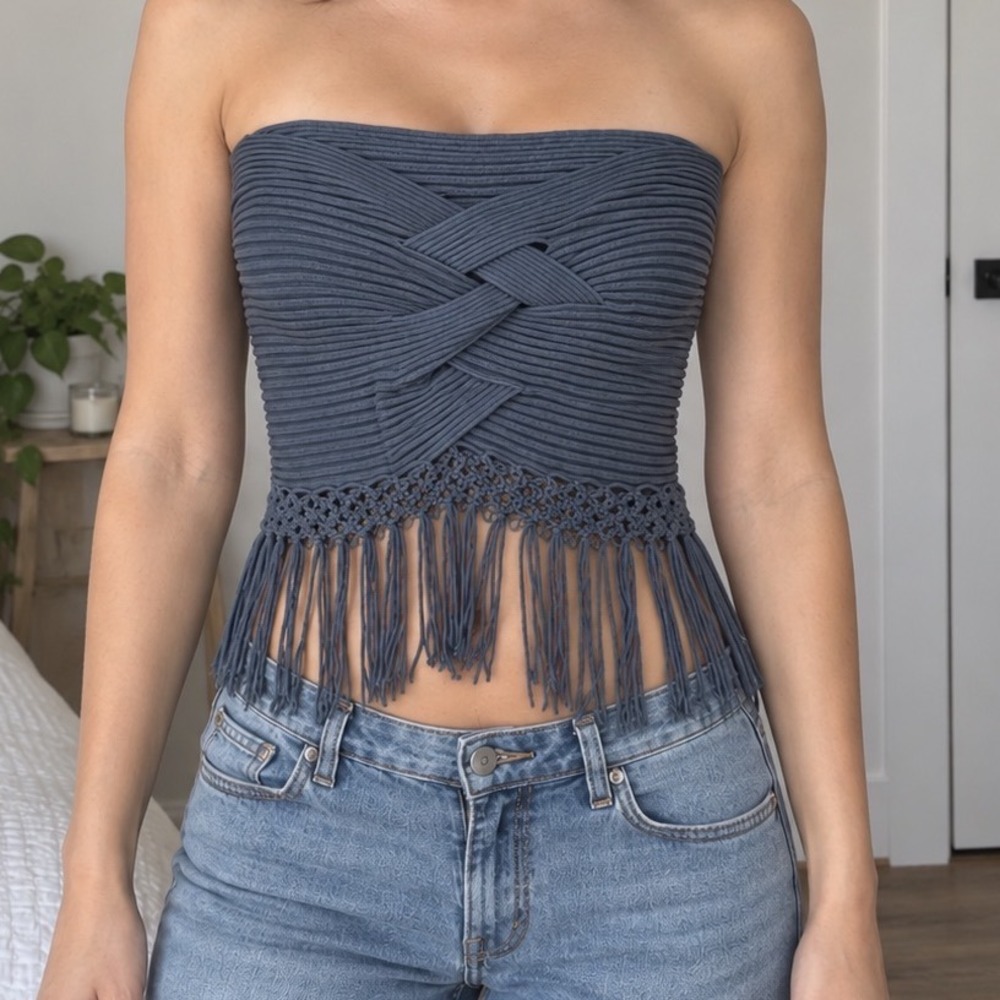 Silk Blend Ribbed Fringe Tube Top Gray Y2K L indie sleaze Koji Yohji festival